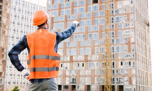 back-view-man-pointing-building